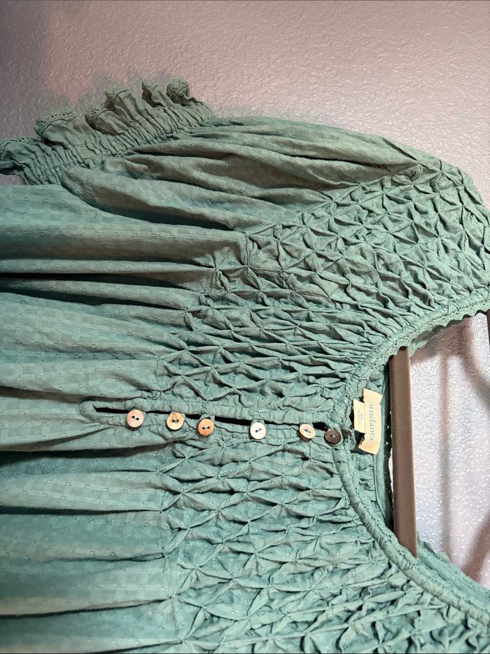 Sundance Sea foam Green short sleeve blouse with lots of design details - Picture 3 of 6
